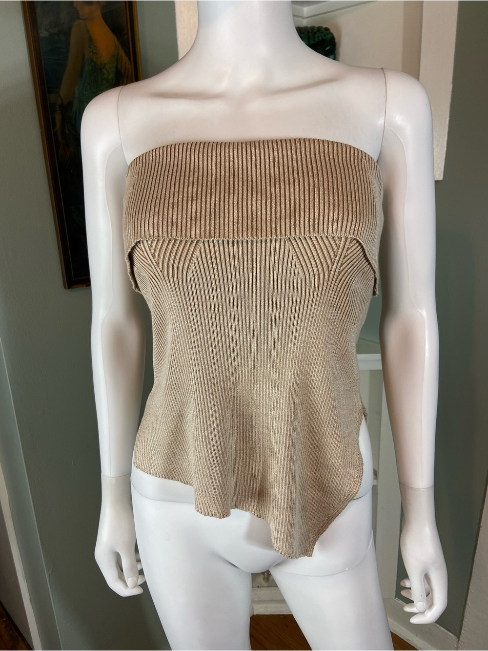 NWT New Mon Renn Beige Asymmetrical Strapless Knit Sweater Tube Top Small [CH] - Picture 3 of 12